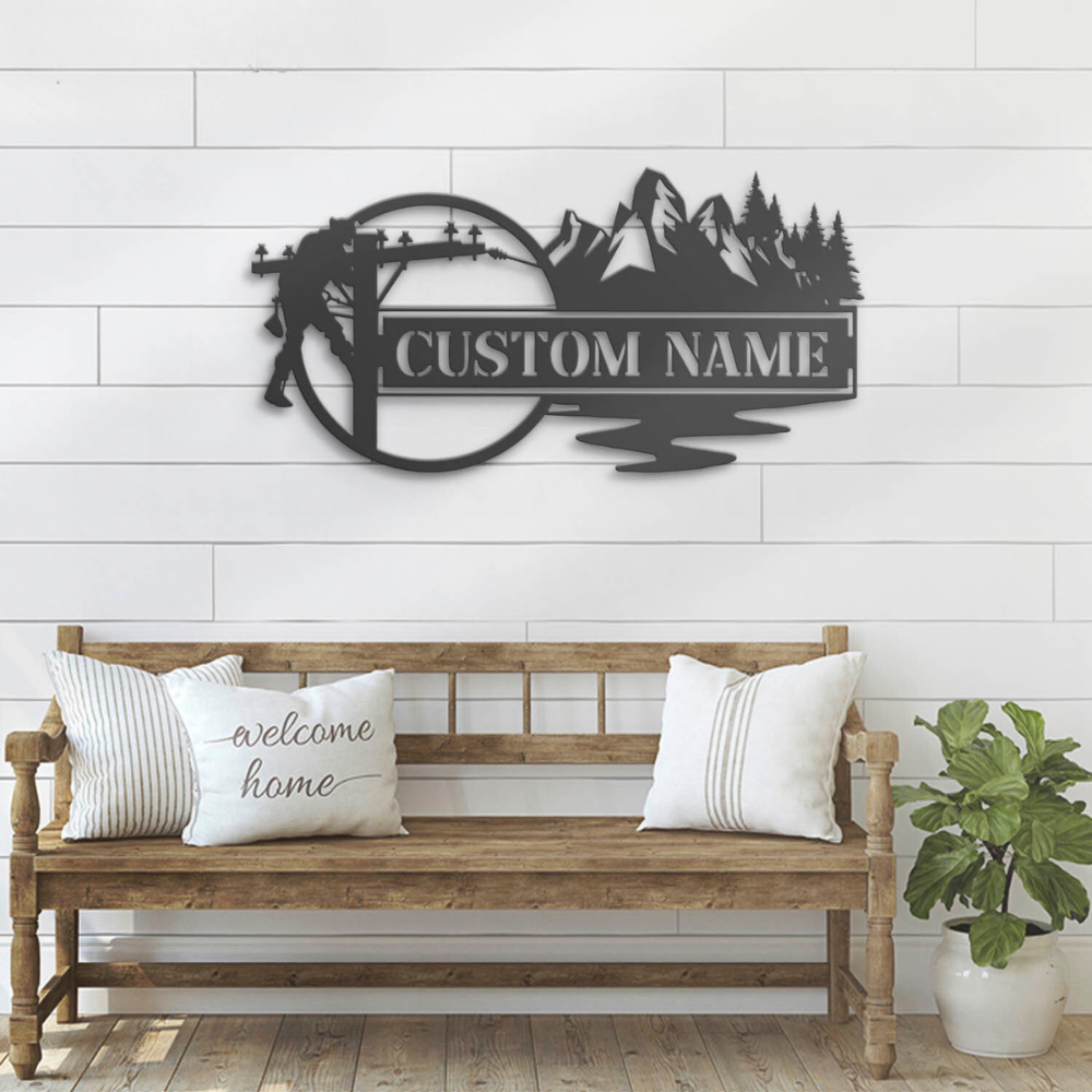 Custom Lineman Mountain Forest Scene Metal Wall Art LED Light Personalized 3