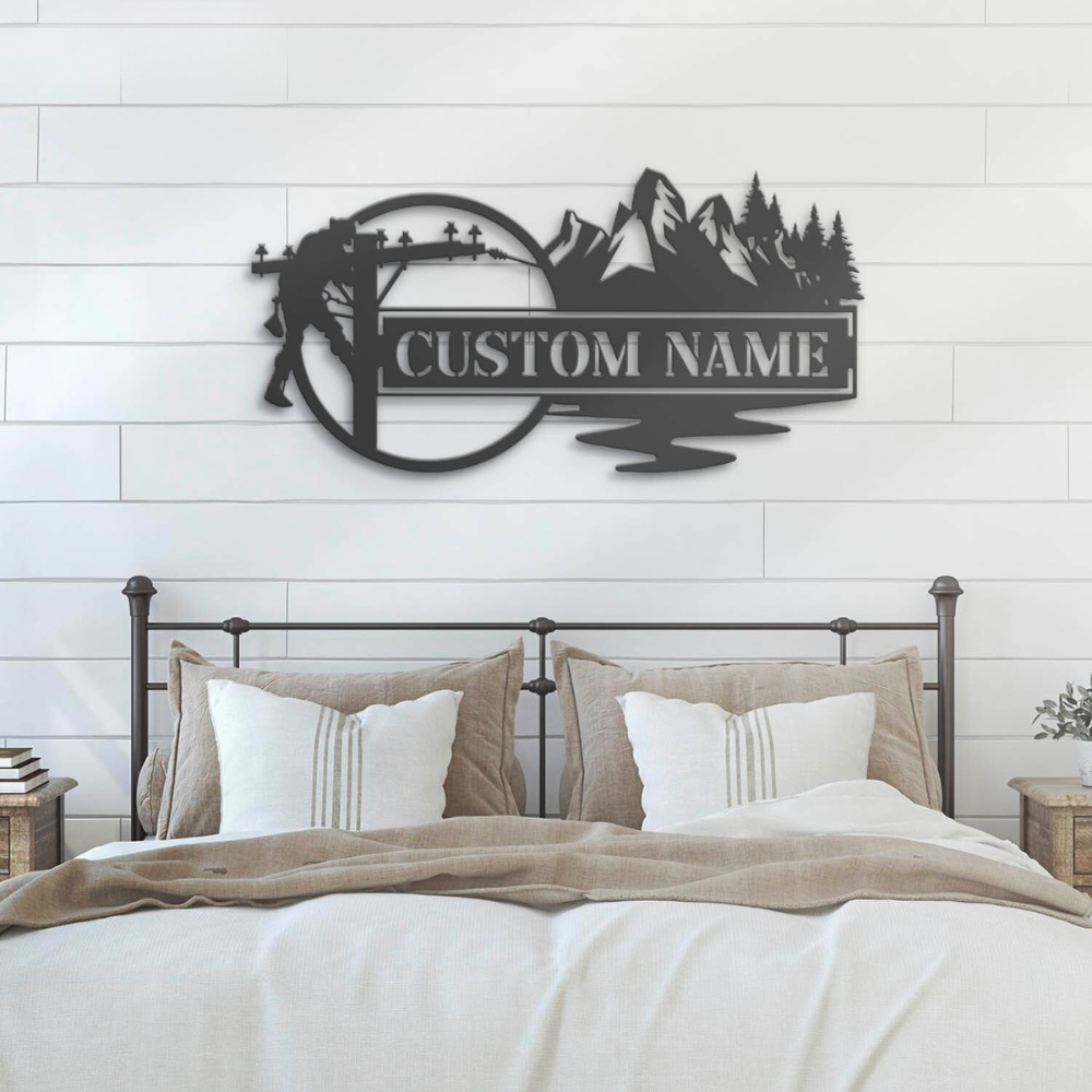 Custom Lineman Mountain Forest Scene Metal Wall Art LED Light Personalized 5