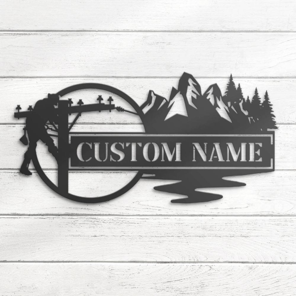 Custom Lineman Mountain Forest Scene Metal Wall Art LED Light Personalized 8