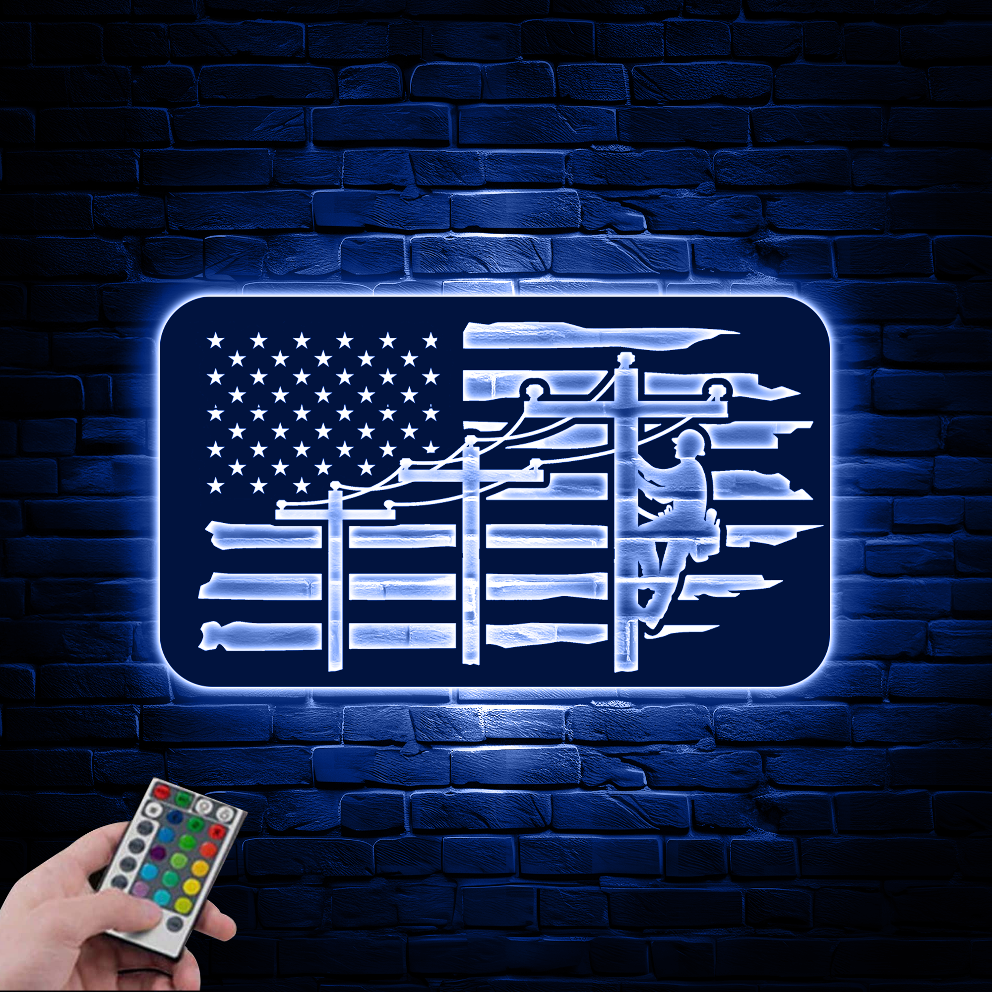 Personalization Distressed American Flag Lineman Metal Sign With LED 2