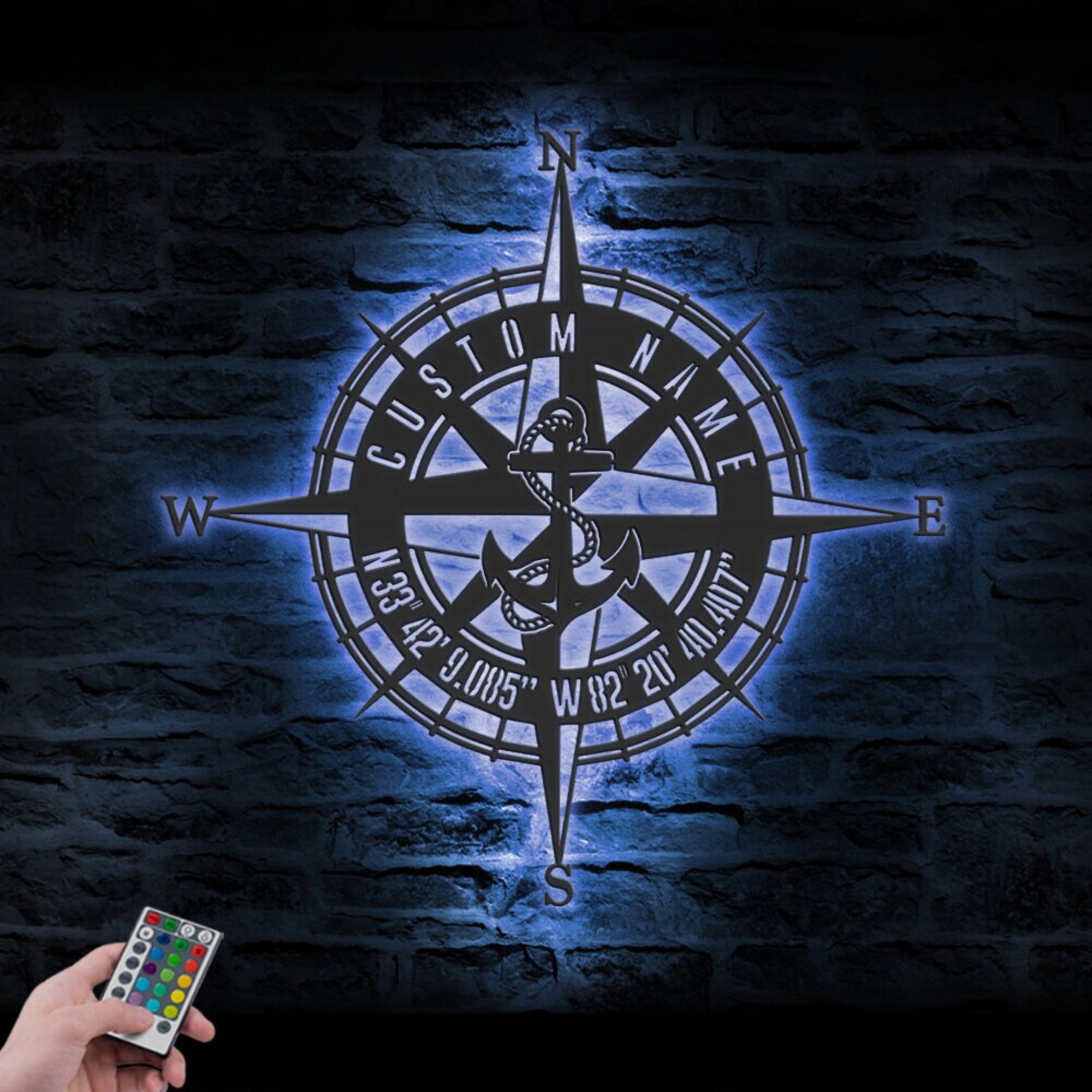 Custom GPS Anchor Compass Metal Wall Art LED 4