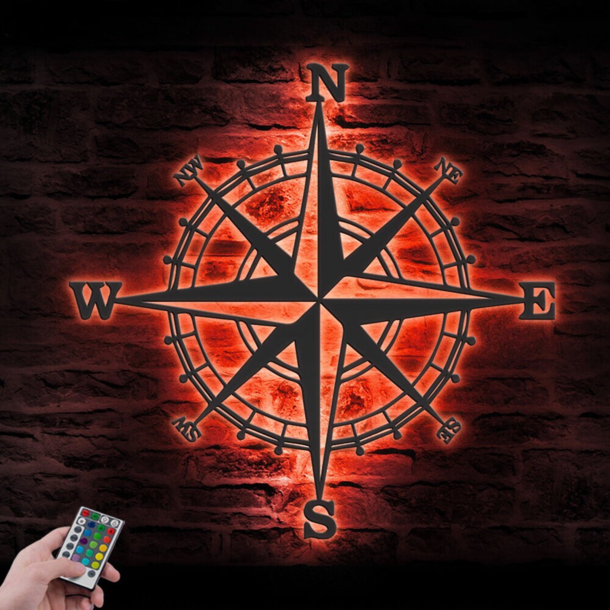 Nautical Compass Metal Wall Art LED 2