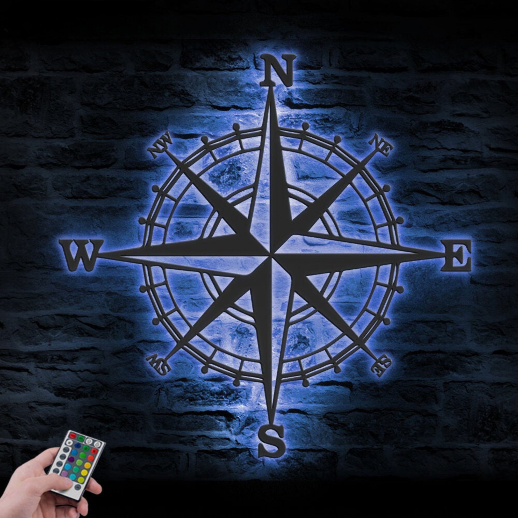 Nautical Compass Metal Wall Art LED 3