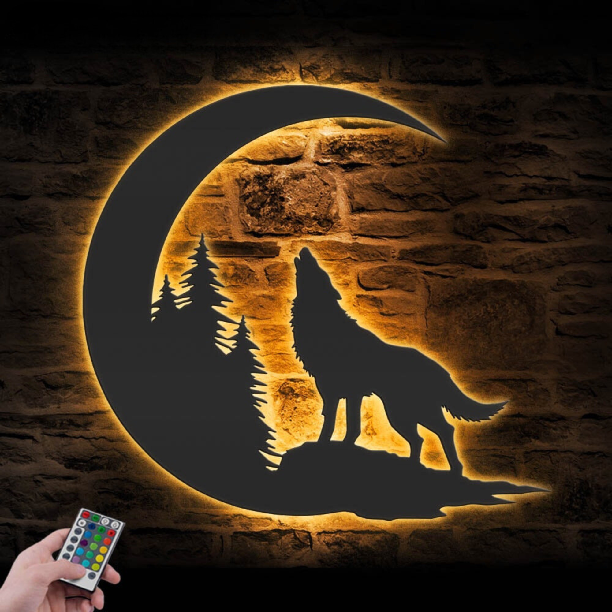 Wolf On The Moon Metal Wall Art LED 1