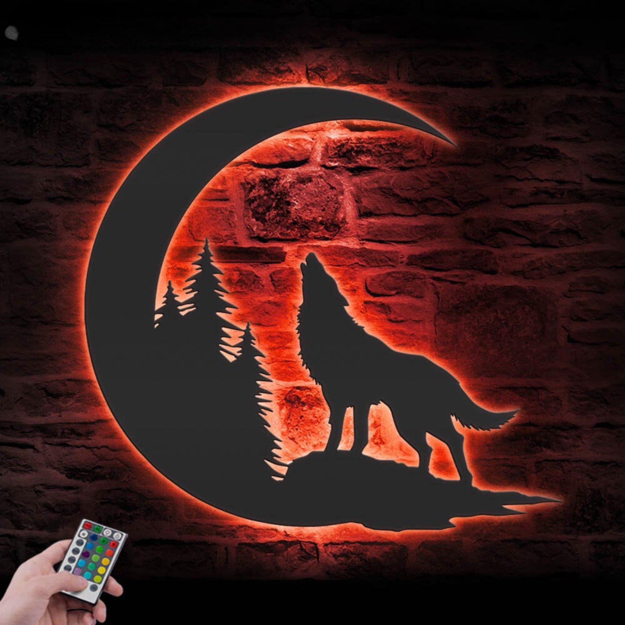 Wolf On The Moon Metal Wall Art LED 2