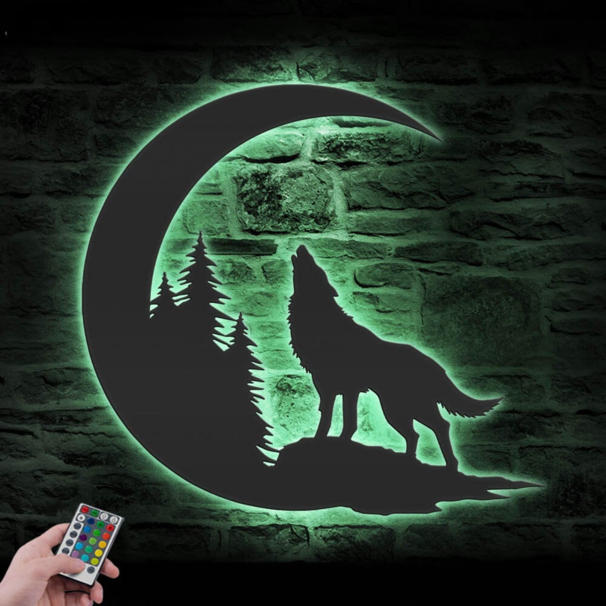 Wolf On The Moon Metal Wall Art LED 3