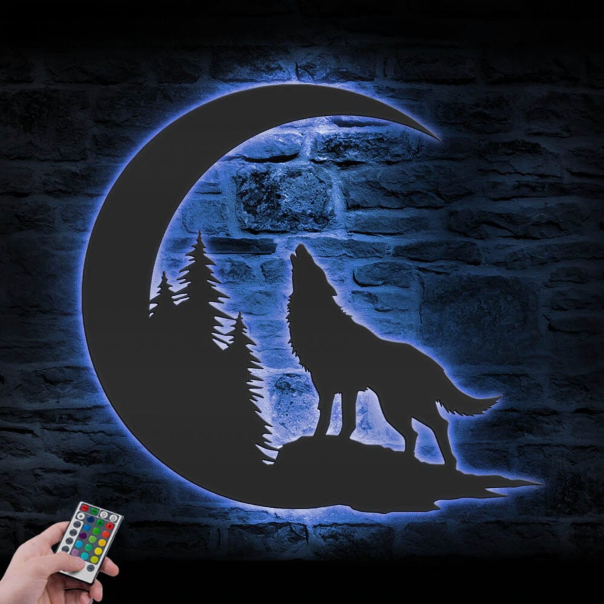 Wolf On The Moon Metal Wall Art LED 4