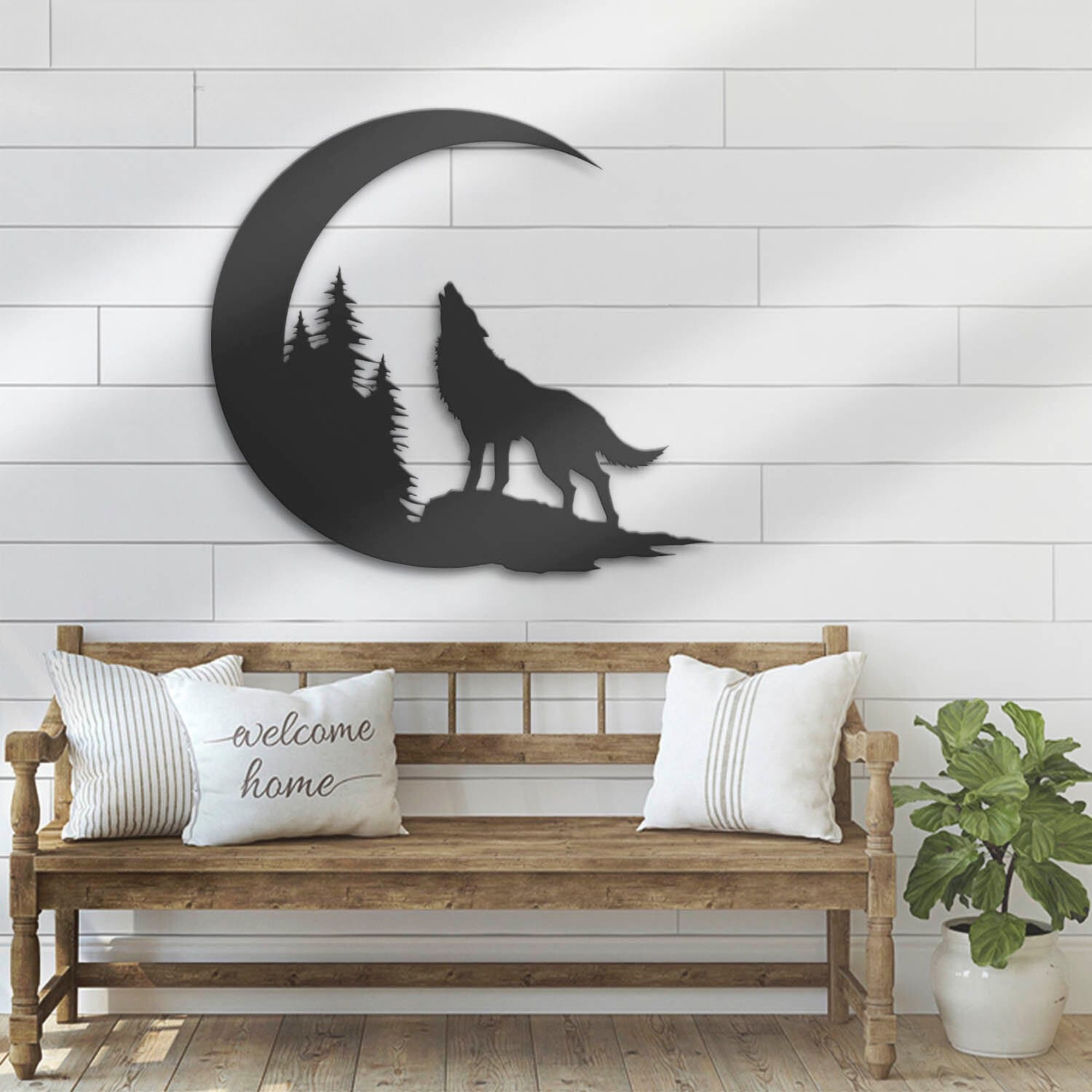 Wolf On The Moon Metal Wall Art LED 5