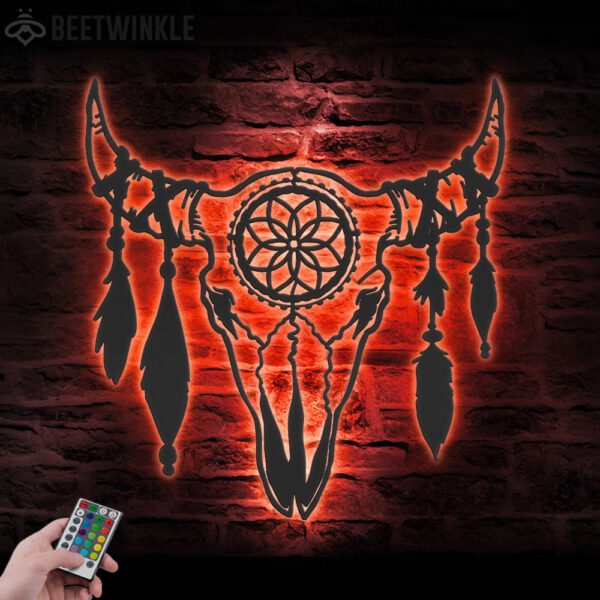 Boho-Cow-Skull-Metal-Wall-Art-LED-Light-5