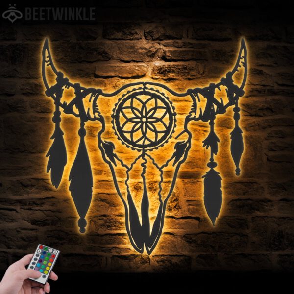 Boho-Cow-Skull-Metal-Wall-Art-LED-Light-6