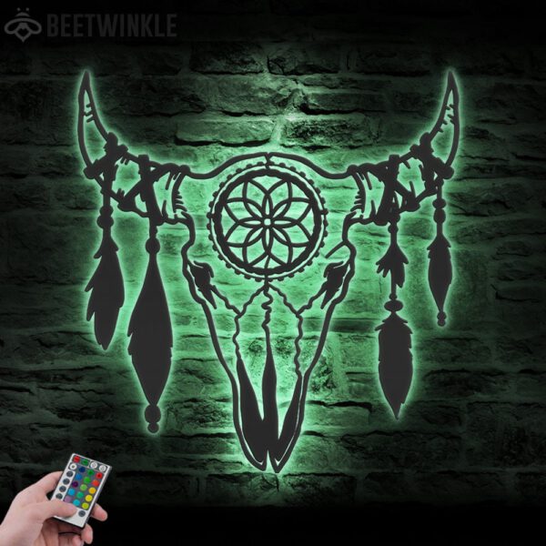 Boho-Cow-Skull-Metal-Wall-Art-LED-Light