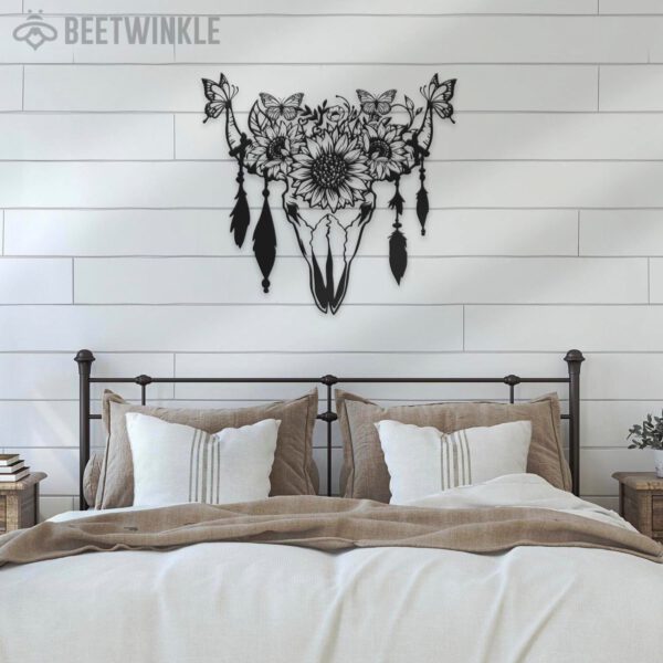 Butterfly-Sunflower-Cow-Skull-Farmhouse-Metal-Wall-Art-LED-Light-2