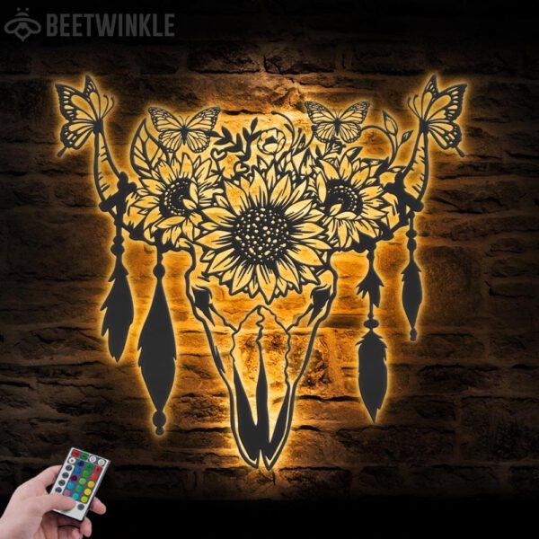 Butterfly-Sunflower-Cow-Skull-Farmhouse-Metal-Wall-Art-LED-Light-4