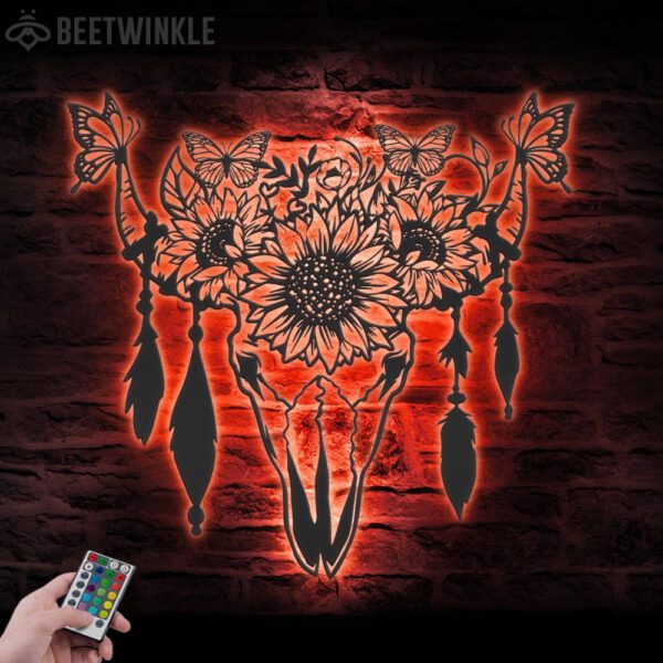 Butterfly-Sunflower-Cow-Skull-Farmhouse-Metal-Wall-Art-LED-Light-5