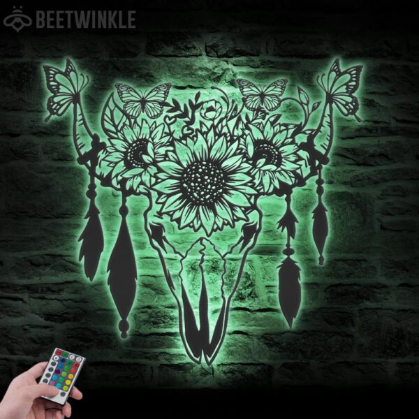 Butterfly-Sunflower-Cow-Skull-Farmhouse-Metal-Wall-Art-LED-Light-7