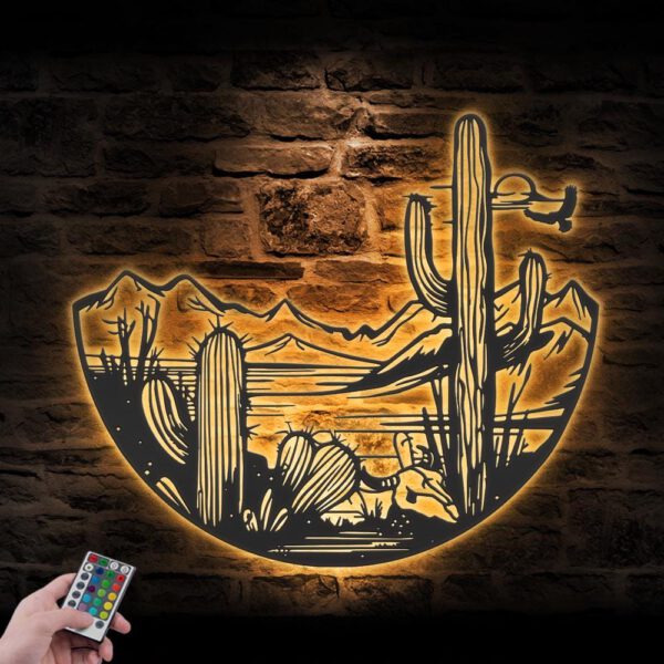 Cactus-Desert-Mountain-Metal-Wall-Art-LED-Light