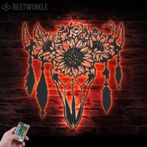 Cow-Skull-Sunflower-Farmhouse-Metal-Wall-Art-LED-Light-3