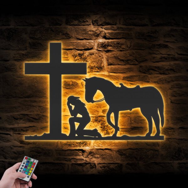 Cowgirl-Kneeling-At-Cross-Metal-Wall-Art-LED-Light-3