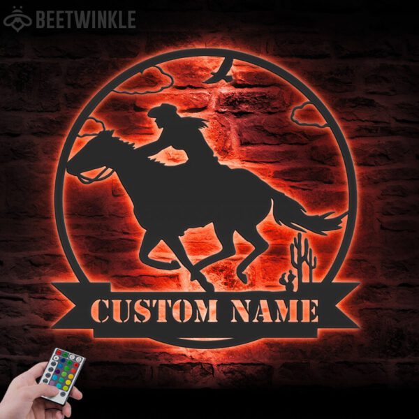 Custom-CowGirl-Riding-Horse-Metal-Wall-Art-LED-Light-2