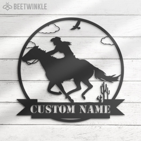 Custom-CowGirl-Riding-Horse-Metal-Wall-Art-LED-Light-4