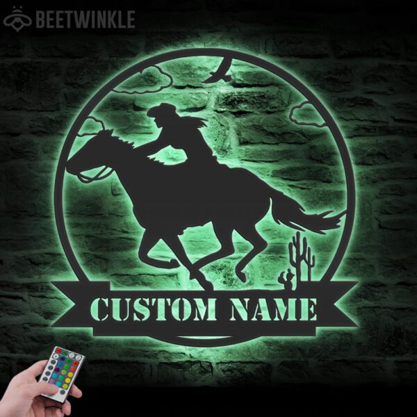 Custom-CowGirl-Riding-Horse-Metal-Wall-Art-LED-Light-5