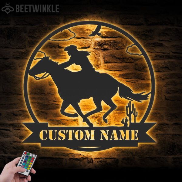 Custom-CowGirl-Riding-Horse-Metal-Wall-Art-LED-Light