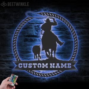 Custom-Cowboy-Cattle-Roping-Metal-Wall-Art-LED-Light-2