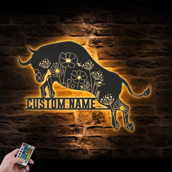 Custom-Floral-Bull-Farmhouse-Metal-Wall-Art-LED-Light