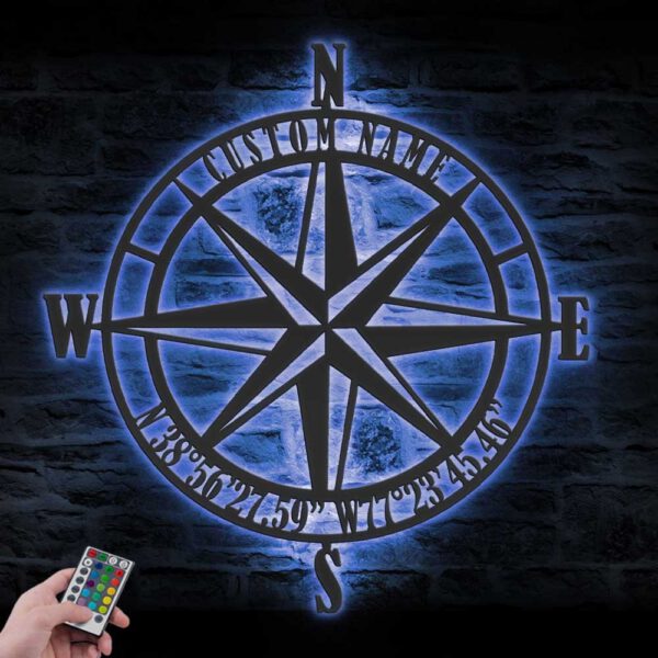 Custom-GPS-Nautical-Compass-Rose-Metal-Wall-Art-LED-Light-5