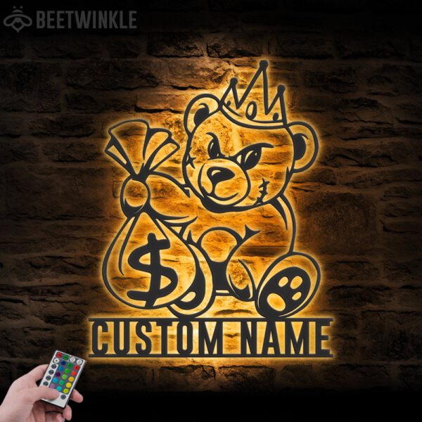 Custom-Gangster-Teddy-Bear-Crown-Metal-Wall-Art-LED-Light-3