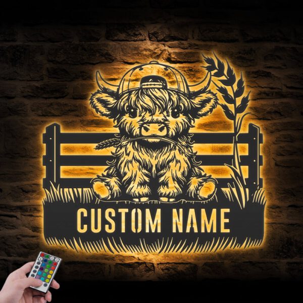 Custom-Highland-Cow-Wearing-Ballcap-Farmhouse-Metal-Wall-Art-LED-Light-8