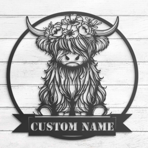 Custom-Highland-Cow-With-Flower-Metal-Wall-Art-LED-Light-1