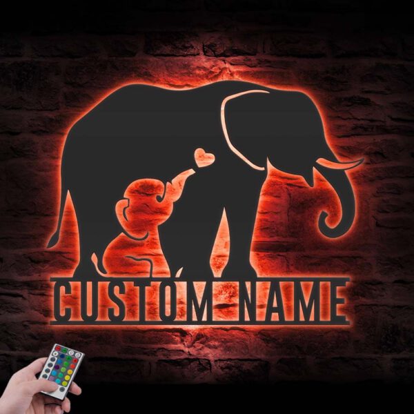 Custom-Mom-Baby-Father-Elephant-Metal-Wall-Art-LED-Light-5