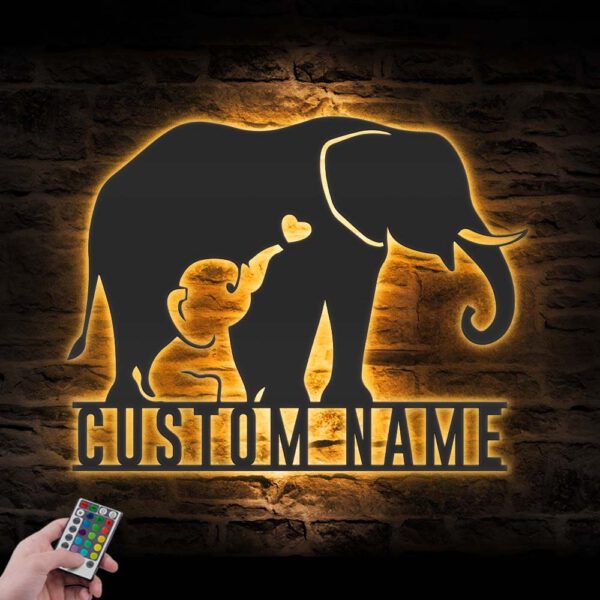 Custom-Mom-Baby-Father-Elephant-Metal-Wall-Art-LED-Light-8