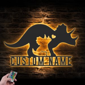 Custom-Mom-Baby-Father-Triceratops-Dinosaur-Metal-Wall-Art-LED-Light-3