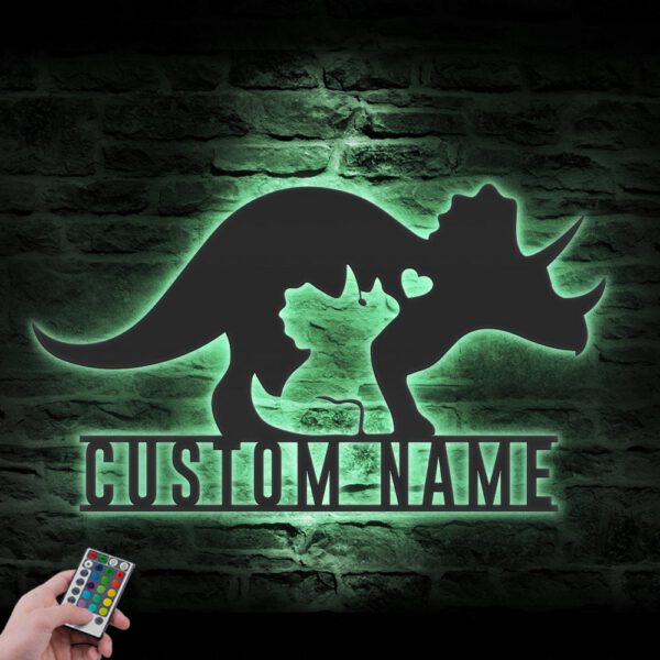 Custom-Mom-Baby-Father-Triceratops-Dinosaur-Metal-Wall-Art-LED-Light-8