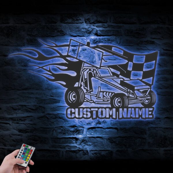 Custom-Racing-Flag-Sprint-Car-Metal-Wall-Art-LED-Light-3-5