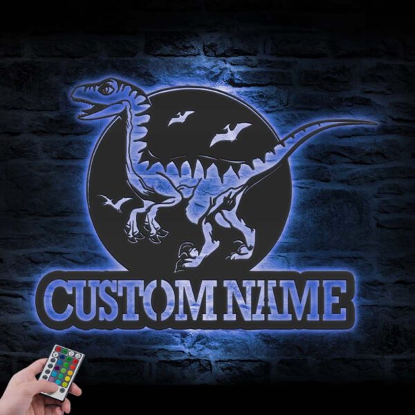 Custom-Velociraptor-Dinosaur-Metal-Wall-Art-LED-Light