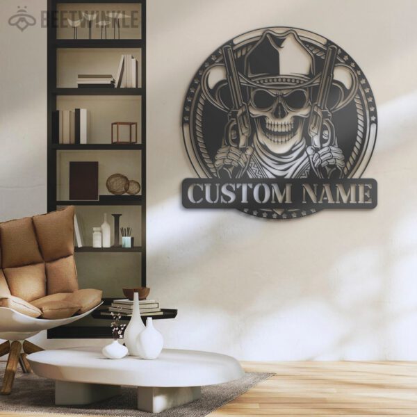 Custom-Western-Cowboy-Skull-Hold-Gun-Metal-Wall-Art-LED-Light-2