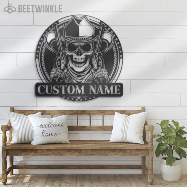 Custom-Western-Cowboy-Skull-Hold-Gun-Metal-Wall-Art-LED-Light-6