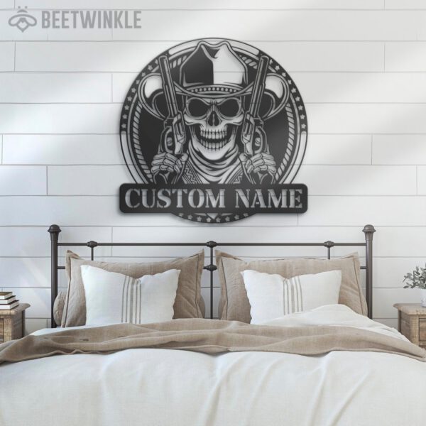 Custom-Western-Cowboy-Skull-Hold-Gun-Metal-Wall-Art-LED-Light-7