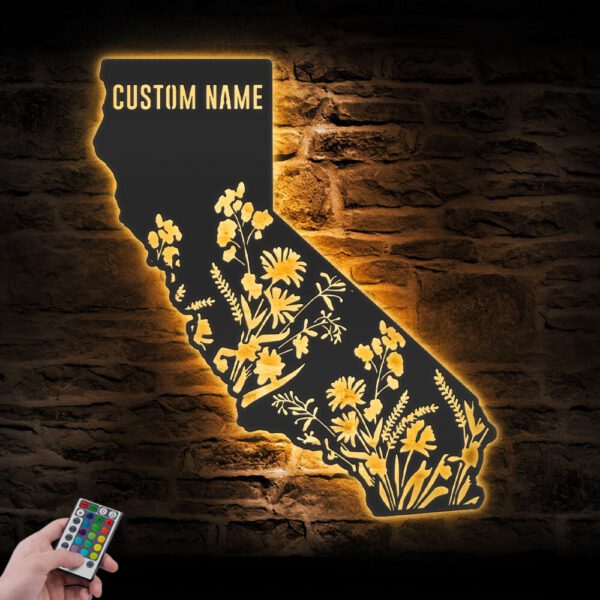 Custom-Wild-Flower-California-State-Metal-Wall-Art-LED-Light