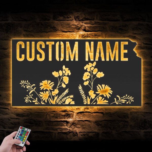 Custom-Wild-Flower-Kansas-State-Metal-Wall-Art-LED-Light-5