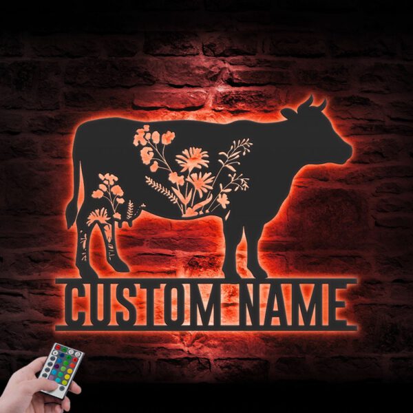 Custom-WildFlower-Cow-Metal-Wall-Art-LED-Light-2