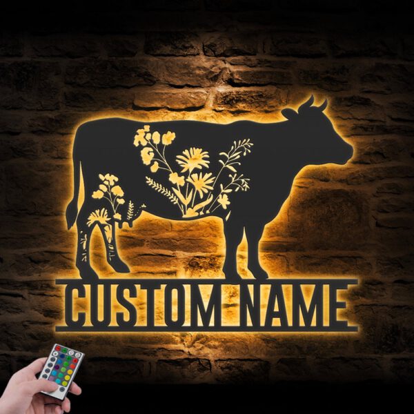 Custom-WildFlower-Cow-Metal-Wall-Art-LED-Light