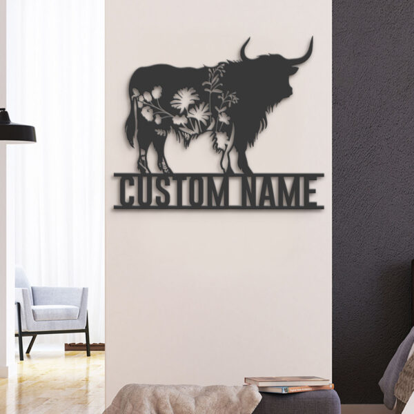 Custom-WildFlower-Highland-Cow-Metal-Wall-Art-LED-Light-2