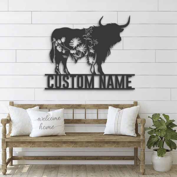 Custom-WildFlower-Highland-Cow-Metal-Wall-Art-LED-Light-4