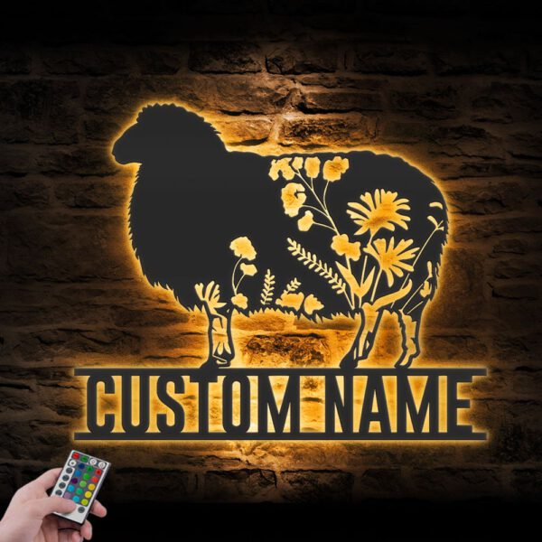 Custom-WildFlower-Sheep-Metal-Wall-Art-LED-Light-2