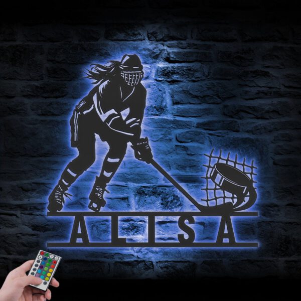 Custom-Woman-Ice-Hockey-Player-Metal-Wall-Art-LED-Light