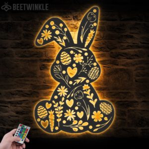 Cute-Floral-Rabbit-Metal-Wall-Art-LED-Light-3